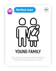 Silhouette of young family, man, woman and newborn thin line icon. Modern vector illustration.