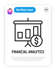 Financial analytics thin line icon, graph of growth with dollar sign. Modern vector illustration.