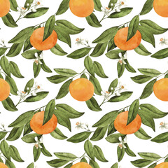 Oranges on a branch. Watercolor seamless pattern. Suitable for backgrounds, fabrics, wrapping paper, textiles.