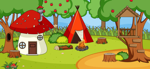 Outdoor scene with mushroom house and camping tent in the forest