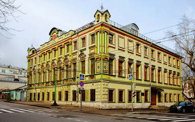Moscow, Russia, Shibaev Estate.
 The three-storey building is distinguished by a solemn and elegant appearance: its main facade is painted in a delicate pistachio color and is richly decorated with a 