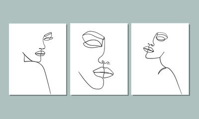 Set of three portrait. Simple, minimalist vector illustration of beautiful woman face. Line drawing.