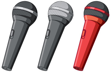 Set of different wireless microphones on white background