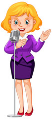 Female speaker with microphone on white background