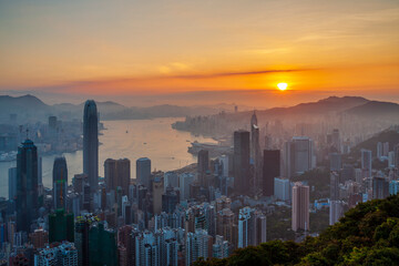 Fototapeta premium Victoria Harbor View from the Peak at Sunrise, Hong Kong