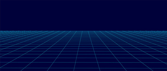 Wireframe landscape. Vector perspective grid. Digital space. Blue mesh on a black background.