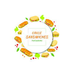 Vector Circle with Sandwiches, Round Shape Frame Template, Doodle Burgers and Sandwiches in the Background, Isolated on White Background Illustration, Logo, Menu Cover, Button.
