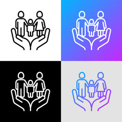 Adoptive parents thin line icon, family with child in human hands. Symbol of family protection and safety. Modern vector illustration for custody.