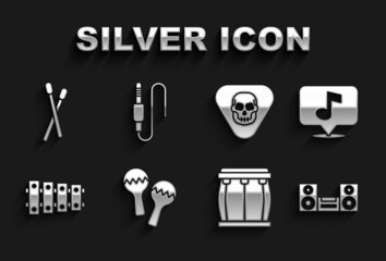 Set Maracas, Musical note, Home stereo, Drum, Xylophone, Guitar pick, sticks and Audio jack icon. Vector