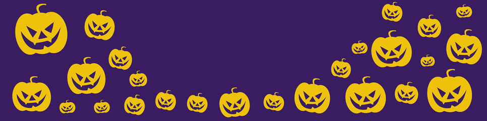 Halloween pumpkins with scary faces on purple background. Header Illustration