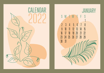 Vector vertical calendar 2022 with abstract sapes and plants in trendy contemporary collage style. Week starts in Sunday. Cover and  page January in size A3, A4, A5. Design in pastel colors.