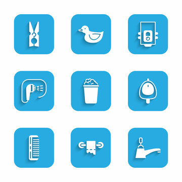Set Bucket with soap suds, Toilet paper roll, Water tap, urinal or pissoir, Hairbrush, Shower, Gas boiler and Clothes pin icon. Vector