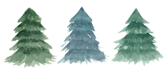 Watercolor collection of Christmas trees without decorations. Elements are isolated on a white background.