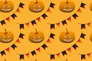 Seamless pattern happy halloween party. Endless orange background with garland of flags and pumpkin. Hand drawing vector clip art graphic elements for creative design, printable textile and decor.
