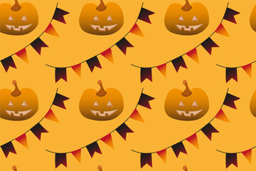 Fototapeta premium Seamless pattern happy halloween party. Endless orange background with garland of flags and pumpkin. Hand drawing vector clip art graphic elements for creative design, printable textile and decor.
