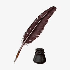 Hand drawn quill pen with an inkwell vector
