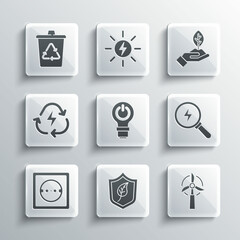 Set Shield with leaf, Wind turbine, Lightning bolt, bulb lightning, Electrical outlet, Battery recycle, Recycle and Plant hand icon. Vector