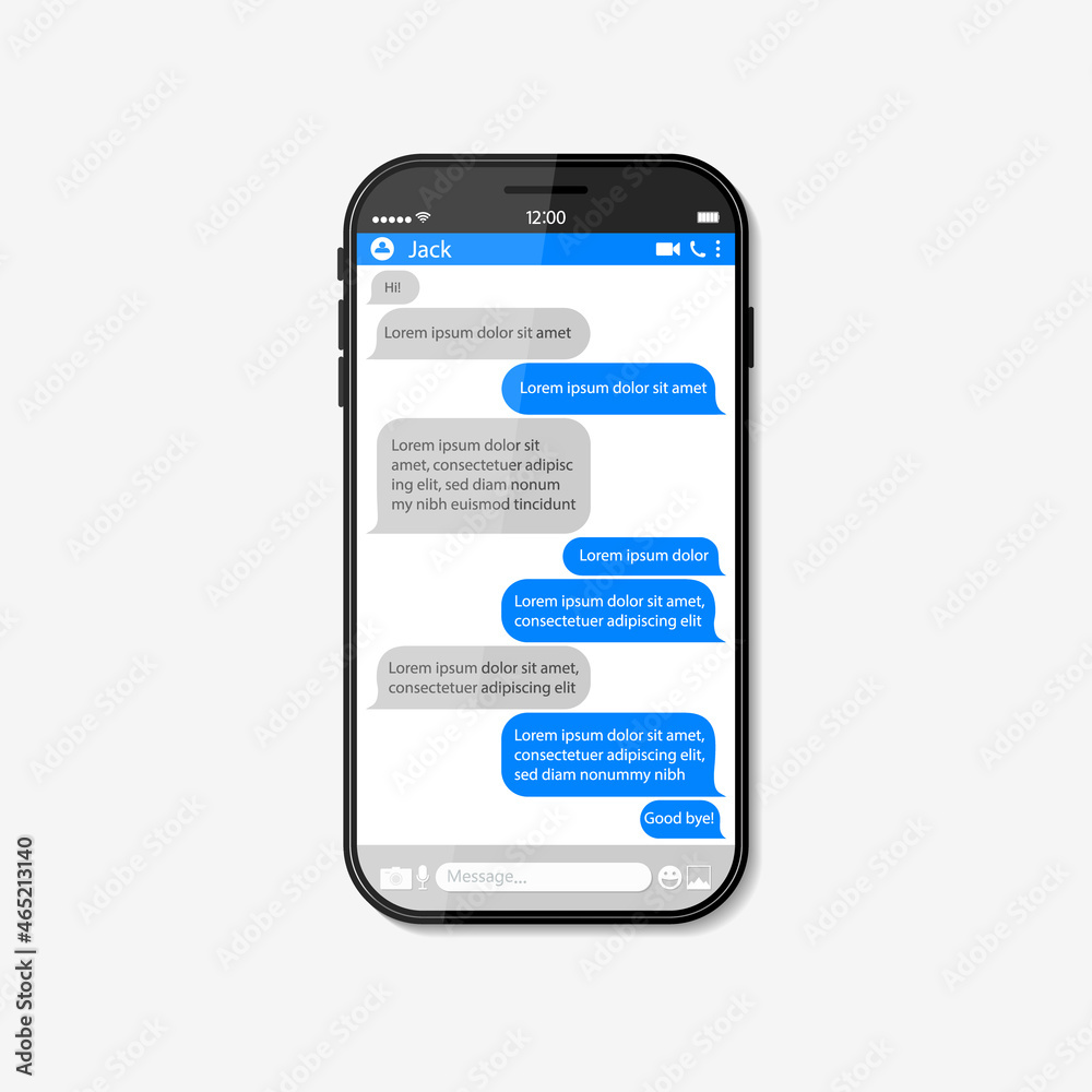 Poster chat text in phone screen. message bubble with text on smartphone for online dialog. app of messenge