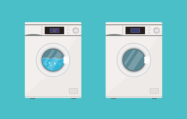Wash machine. Open and close washer. Icon of laundry. Wash machine with drum, window, door, button and item panel. Washingmachine with detergent in laundering process. Home equipment in front. Vector