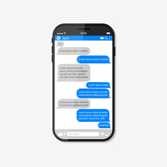 Chat text in phone screen. Message bubble with text on smartphone for online dialog. App of messenger with ui, button, profile. Social speech in cellphone. Realistic mockup for conversation. Vector.