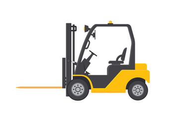 Forklift. Fork lift truck icon. Loader for warehouse and pallet. Machine for distribution and delivery. Yellow forklift isolated on white background. Equipment for load of crate. Flat loader. Vector - obrazy, fototapety, plakaty