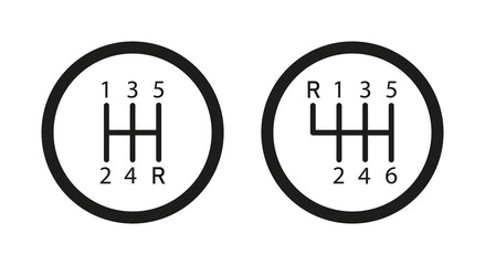 Gear shifter. Icon of car transmission. Manual box of shifter. Symbol of gearbox for stick of auto. Icon of 5 or 6 on lever for speed. Pictogram logo isolated on white background for vehicle. Vector