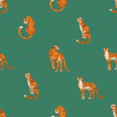 Seamless pattern with tigers on a green background. Hand drawn Beautiful tigers in different poses. Fashionable fabric design.