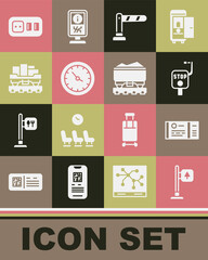 Set Road traffic signpost, Train ticket, Emergency brake, Railway barrier, station clock, Cargo train wagon, Electrical outlet and Coal icon. Vector