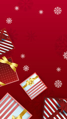 Obraz premium Christmas New Year story template, red golden 3D ball, snowflake. Social media template. Trendy editable winter template for social networks stories, vector illustration.