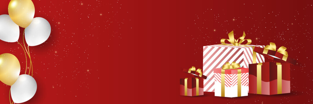Christmas winter landscape on red background. Abstract Vector. Merry Christmas and happy new year with goft box, balloon, snow, and snowflake.