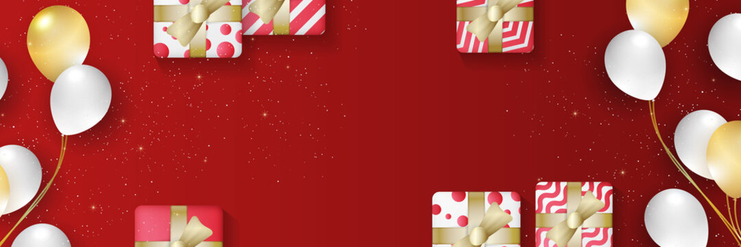 Christmas winter landscape on red background. Abstract Vector. Merry Christmas and happy new year with goft box, balloon, snow, and snowflake.