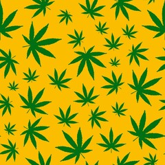 Fototapeta na wymiar cannabis leaves on a yellow background, seamless pattern, branch abstraction.