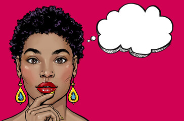 Thinking young sexy woman.Pop Art girl is thought and holding hand near the face. African female model on red background.Amazed lady thinking OMG. - 465214935