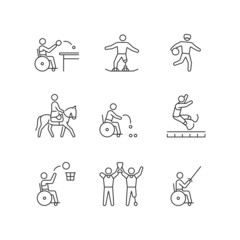 Sport championship linear icons set. Varied athletic disciplines. Athletes with physical disability. Customizable thin line contour symbols. Isolated vector outline illustrations. Editable stroke