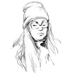 Graphic sketch of a city woman in a hat. Girl in glasses. Black pencil drawing. Image on a white background for design, prints, illustrations in magazines and books.