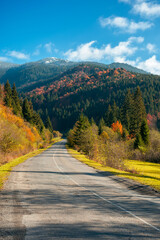 Naklejka premium countryside road in mountains. beautiful autumn landscape on a bright sunny morning. trees in colorful foliage along the way. fluffy clouds on the sky above the distant peak. travel back country