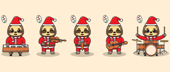 Vector illustration of Cute Sloth Santa Claus play a musical instrument. Good for icon, label, sticker, clipart.