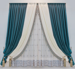 Window design in classic style. The elegant blue and white velvet curtains and the luxury tulle with embroidery.