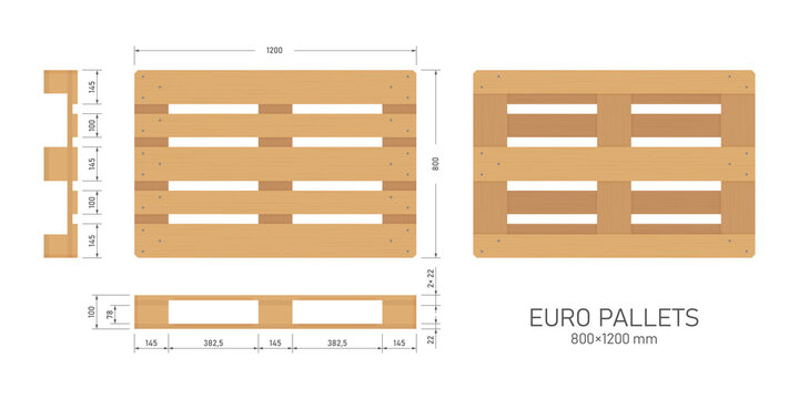 Vector dimensioned image industrial Euro pallets 800x1200mm. Isolated on white background. 