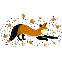 Lying Fox flat hand drawn vector illustration. Cute tod cartoon character with mushrooms. Forest animal. Wildlife wrapping paper, kid textile, background.