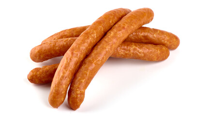 Smoked sausages, isolated on white background. High resolution image.