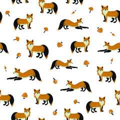 Fox flat hand drawn seamless pattern. Cute tod cartoon character with mushrooms. Forest animal. Wildlife wrapping paper, kid textile, background.
