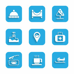 Set Location with mountain, Hot chocolate cup, Sled, First aid kit, Winter fishing, Award winner podium, Road sign avalanches and hat icon. Vector