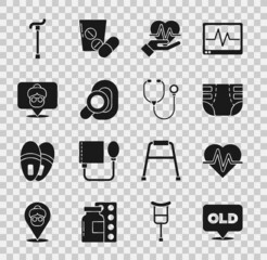 Set Nursing home, Heart rate, Adult diaper, Hearing aid, Walking stick cane and Stethoscope icon. Vector