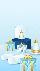 Social media story template banner background for new year shopping sale. Design for social media post, web online store or shop promo offer. Blue 2022 New Year banner with snow