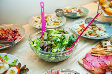 Fresh Salad. Tasty Snacks. Catering Food Event Table. Delicious Appetizer In Restaurant