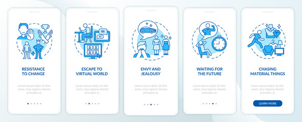 Obstacles to happiness mindset blue onboarding mobile app page screen. Success walkthrough 5 steps graphic instructions with concepts. UI, UX, GUI vector template with linear color illustrations