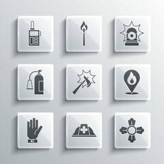 Set Firefighter helmet, Location with fire flame, axe, gloves, extinguisher, Walkie talkie and Flasher siren icon. Vector