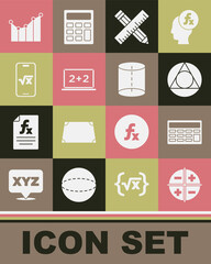 Set XYZ Coordinate system, Calculator, Triangle math, Crossed ruler and pencil, Chalkboard, Square root of x glyph, Graph, schedule, chart, diagram and Geometric figure icon. Vector