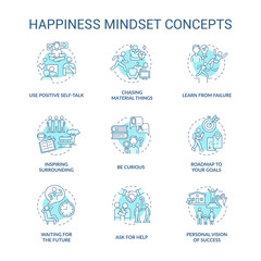 Happiness mindset blue concept icons set. Personal growth idea thin line color illustrations. Becoming happy. Self vision of success. Goal setting. Vector isolated outline drawings. Editable stroke